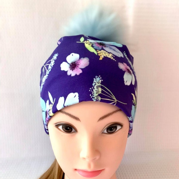 tuque beanie bonnet autumn winter in jersey cotton lined purple, floral print interchangeable pompom turquoise blue