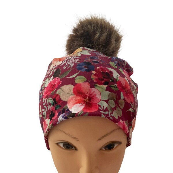 Tuque beanie hat lined spring autumn winter woman jersey cotton floral raspberry interchangeable faux fur tabby