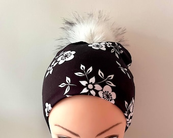 toque beanie hat lined autumn winter woman jersey cotton floral on black background interchangeable tassel faux fur white