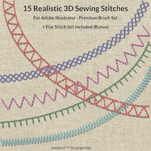 3D Sewing Stitches Brushes for Illustrator / Realistic Sewing Effect + Flat Set Included / Digital Download