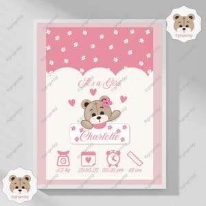 Mascotte Teddy Girl / Photo de naissance / Graphismes personnalisés / Idée cadeau de naissance / Cadeaux de naissance personnalisés / FICHIER PDF modifiable
