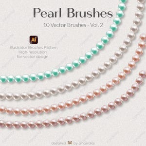 以下が含まれることがあります： 海緑色、白、桃色、ピンクの4本のパールブラシの画像。上部には「Pearl Brushes」と「10 Vector Brushes - Vol. 2」の文字が表示されています。追加のテキストには「Illustrator Brushes Pattern」と「High-resolution for vector design」が含まれています。