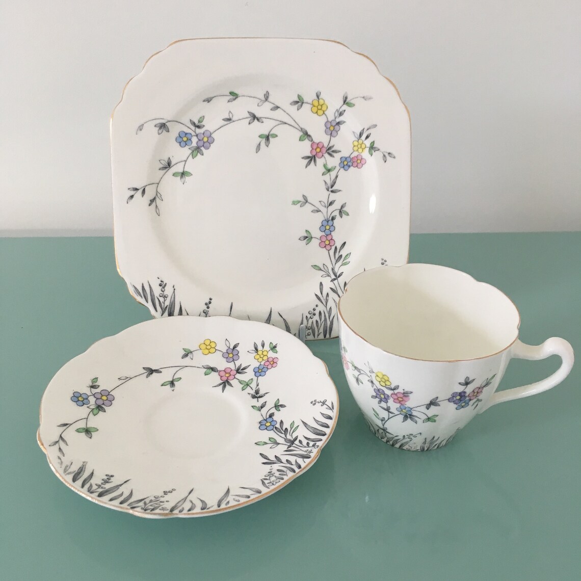 Heathcote China England Best Bone Art Deco trio pink lilac Etsy