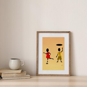 May include: Framed art print featuring a minimalist illustration of two figures in red and yellow clothing against an orange gradient background. The figures are black silhouettes, one in a dress and the other holding a plate.