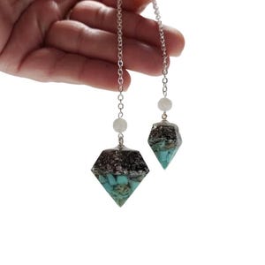 Double divination pendulum, orgonite pendulum, turquenite pendulum, dowsing pendulum, moonstone pendulum