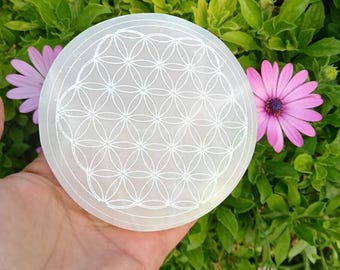 May include: A white selenite crystal charging plate with a geometric flower of life design. The round plate is held in front of a background of green foliage and pink flowers.