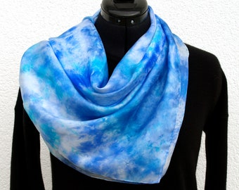 Blue and white hand painted square silk scarf