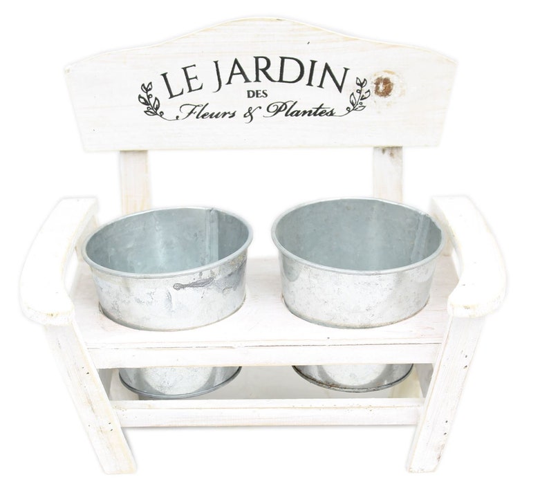 Le Jardin White Washed Wooden Bench Chair Double Planter Herb Flower Box - 