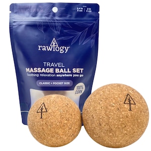Travel Cork Massage Ball Set | Rawlogy® Classic Back & Mini Foot Massage Rollers | Lightweight Alternative to Lacrosse Ball | 2 BALLS