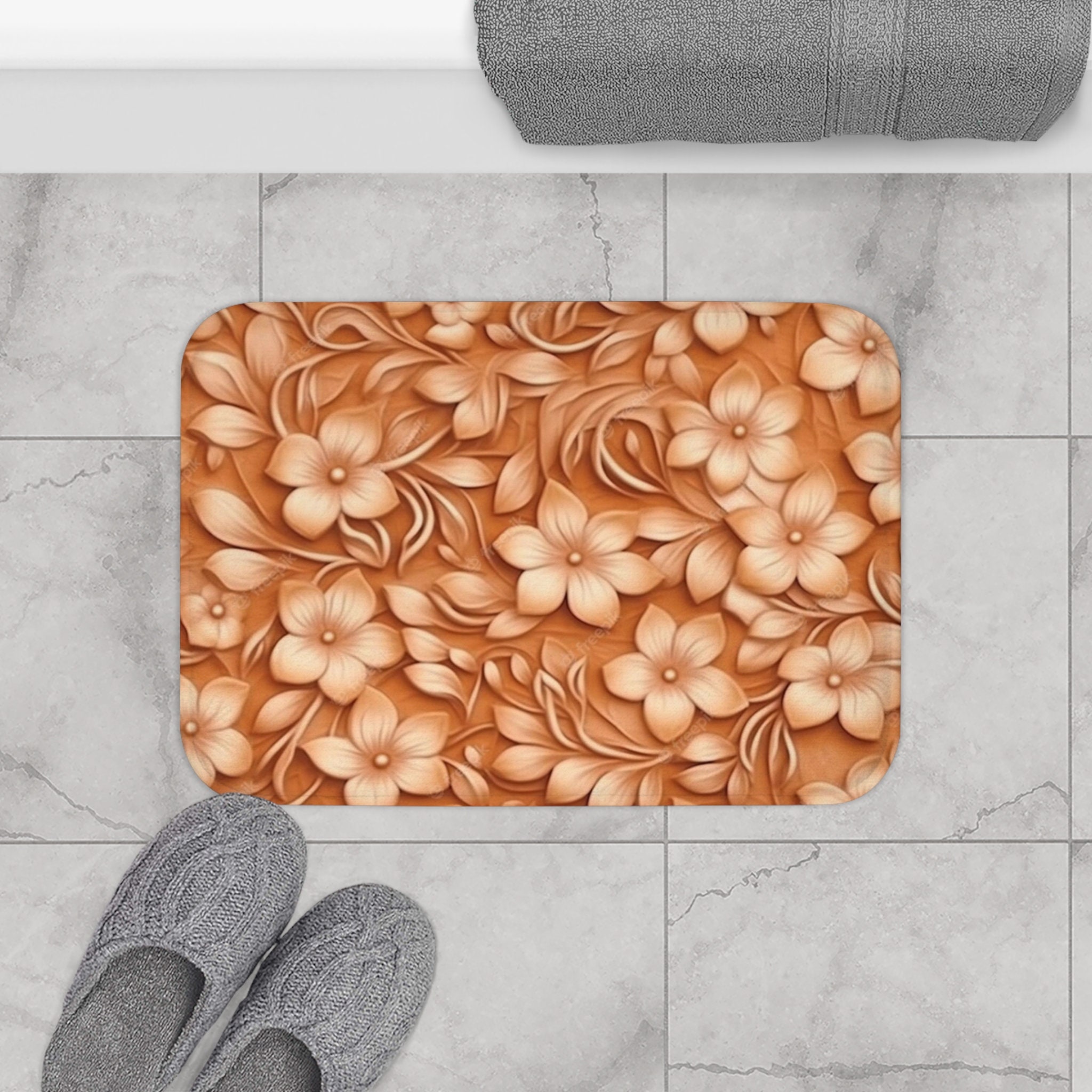 3D Golden Floral Bath Mat Matching Shower Curtain Available Etsy