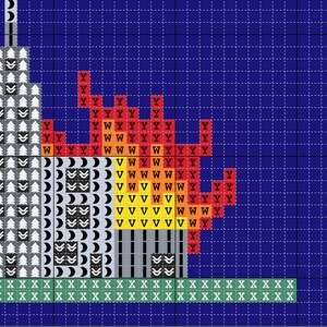 May include: A pixel art design of a cityscape on fire. The buildings are made of black and white pixels, and the flames are red, orange, and yellow. The background is a dark blue.
