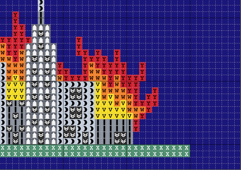 May include: A pixel art design of a cityscape on fire. The buildings are made of black and white pixels, and the flames are red, orange, and yellow. The background is a dark blue.
