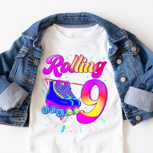 Roller Skate Birthday Shirt, Rolling Into 9 Birthday T-Shirt, Personalized Birthday Gift, Roller Skate Party, Girls Birthday Gift Tees