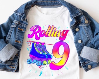 Roller Skate Birthday Shirt, Rolling Into 9 Birthday T-Shirt, Personalized Birthday Gift, Roller Skate Party, Girls Birthday Gift Tees