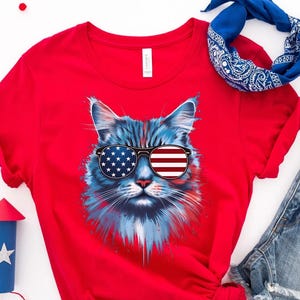 American Cat Sunglasses T-Shirt, USA Flag Cat Tee, 4th of July Cat Shirt, Patriotic Cat Lover Gift, Independence Day Cat Wear