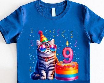 9th Birthday Cat Shirt, Cute Cat with Birthday Cake T-Shirt for 9 Year Old, Fun Birthday Party Shirt, 9th Celebration Tee