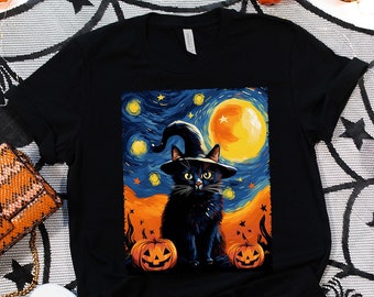 Scary Night Cat Van Gogh Halloween Shirt,Witch Hat Black Cat Shirt,Mummy Cat Shirt,Funny Black Cats T-Shirt,Pumpkin Cat Tee,Scary Night Tees