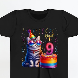 Custom Birthday Cat Shirt, Cute Cat with Birthday Cake T-Shirt for Personalized Year Old, Fun Birthday Party Shirt, Celebration Tee