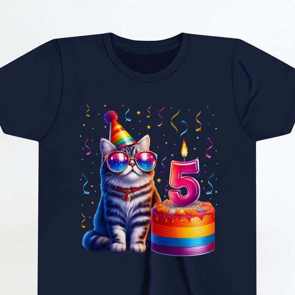 5th Birthday Cat Shirt, Cute Cat with Birthday Cake T-Shirt for 5 Year Old, Fun Birthday Party Shirt, 5th Celebration Tee