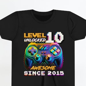 Level 10 Unlocked. 10Th Birthday Shirt. 10Th Birthday Gift. Awesome Since 2015. Funny Video Game Gamer T-Shirt For Teenager Boys And Girls