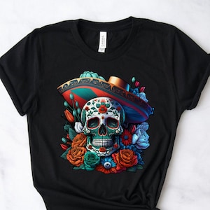 Camiseta de calavera de azúcar, camiseta de calavera de flores, camiseta del Día de los Muertos, camiseta del Día de los Muertos, camiseta de calavera mexicana, camisetas de esqueleto latinas.