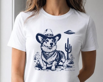 Western Cowboy Corgi Ufo T Shirt, Funny Alien Dog Hoodie, Southwestern Pullover, Cute Comic Pup Sweatshirt, UFO Cactus Design