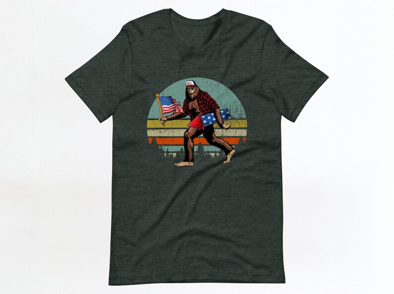 Retro Patriotic Bigfoot Graphic Tee, Vintage Style Sasquatch Shirt, Unique Bigfoot Gifts, Cool American Flag Apparel