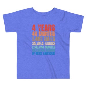 May include: A blue toddler t-shirt with the text "4 YEARS, 48 MONTHS, 1,461 DAYS, 35,064 HOURS, 2,103,840 MINUTES OF BEING AWESOME" in a colorful, layered design. The shirt is made of a soft material.