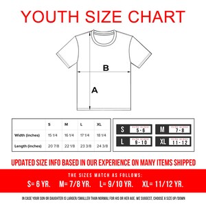 May include: A white t-shirt diagram with measurements and a youth size chart. The chart includes width and length in inches for sizes S, M, L, and XL. Text at the top reads "YOUTH SIZE CHART". Additional text provides size equivalents by age.