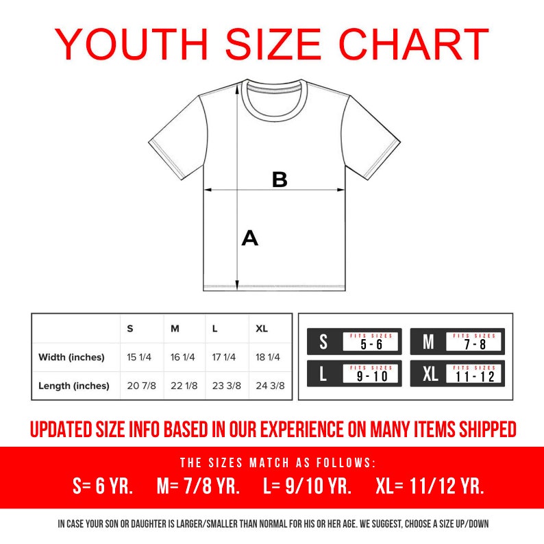 May include: A white t-shirt diagram with measurements and a youth size chart. The chart includes width and length in inches for sizes S, M, L, and XL. Text at the top reads "YOUTH SIZE CHART". Additional text provides size equivalents by age.