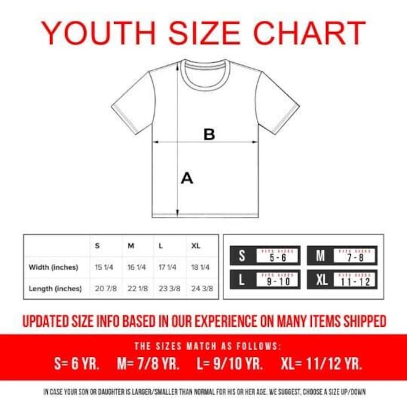 May include: White t-shirt size chart with measurements in inches. The chart includes width and length for sizes S, M, L, and XL. Text at the top reads "YOUTH SIZE CHART". Additional text provides sizing guidance.