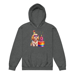 May include: Dark gray hoodie featuring a colorful illustration of a Shih Tzu wearing sunglasses and a party hat. The dog is next to a rainbow-colored cake with a lit candle that reads "9". Confetti is scattered around the image.