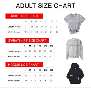 May include: Adult size chart with measurements for t-shirts, sweatshirts, and hoodies. The chart includes length and width in inches for sizes XS to 3XL. Images of each garment are included for reference.