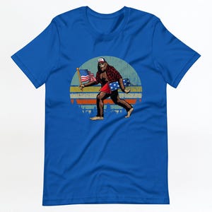 Retro Bigfoot American Flag Shirt, Sasquatch Patriotic Tee, Funny Bigfoot Graphic T-Shirt, Vintage Style USA Tee, 4th of July Shirt