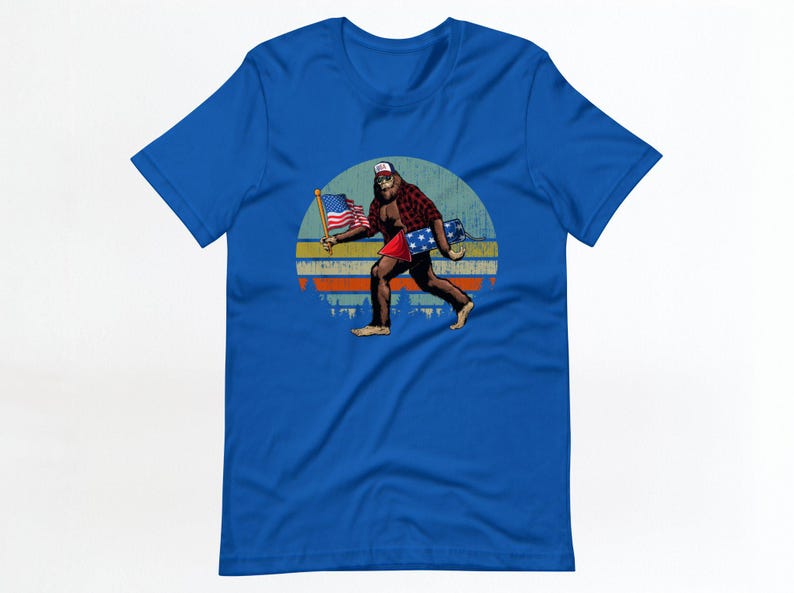 Retro Bigfoot American Flag Shirt, Sasquatch Patriotic Tee, Funny Bigfoot Graphic T-Shirt, Vintage Style USA Tee, 4th of July Shirt
