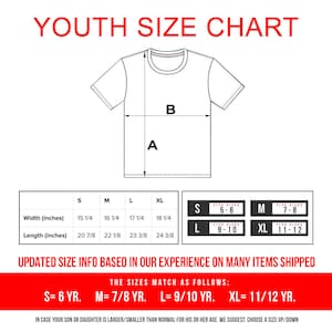 May include: A white t-shirt graphic with a youth size chart. The chart includes measurements in inches for width and length, along with size equivalents for ages 5-12. Text at the top reads "YOUTH SIZE CHART".