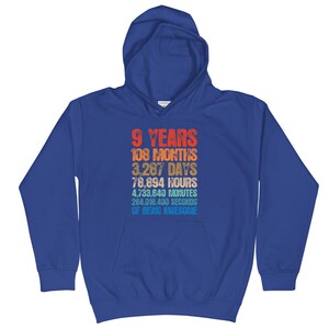May include: A royal blue hooded sweatshirt with a vintage-style graphic that reads "9 Years 108 Months 3,287 Days 78,894 Hours 4,733,640 Minutes 284,018,400 Seconds of Being Awesome".