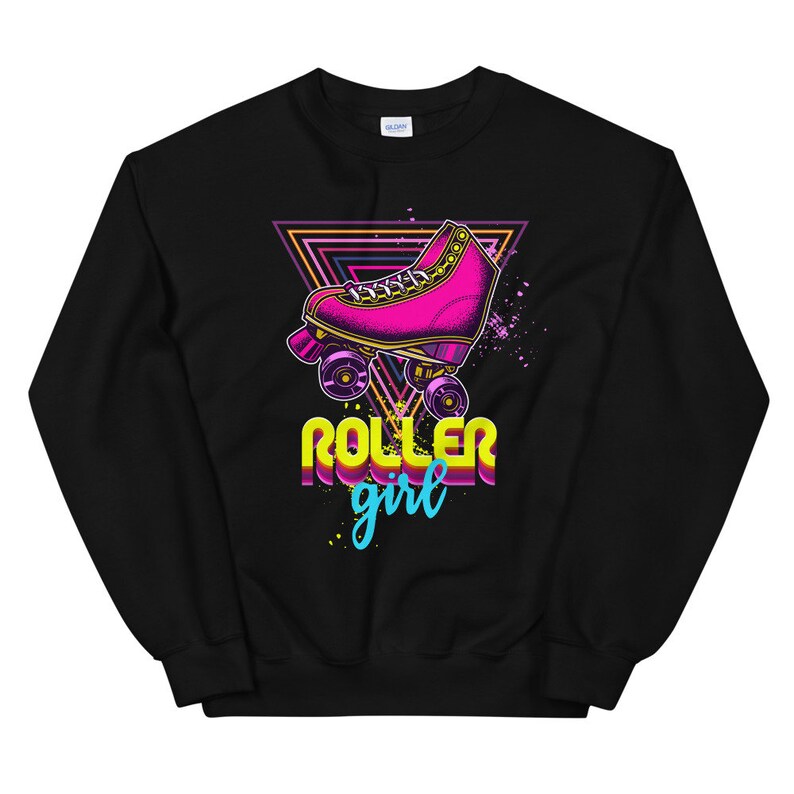May include: Black sweatshirt featuring a neon pink roller skate design. The graphic includes a neon triangle and the words "ROLLER girl" in yellow and blue. The sweatshirt is made of a soft material.