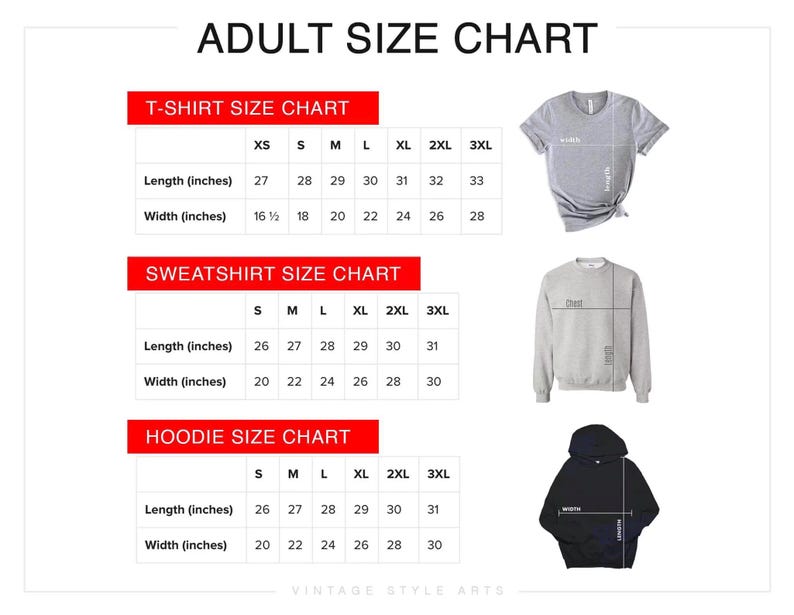 May include: Size chart for t-shirts, sweatshirts, and hoodies. The chart shows measurements in inches for sizes XS, S, M, L, XL, 2XL, and 3XL. The chart is labeled "Adult Size Chart".