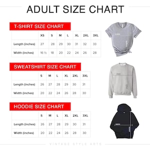 May include: Size chart for t-shirts, sweatshirts, and hoodies. The chart shows measurements in inches for sizes XS, S, M, L, XL, 2XL, and 3XL. The chart is labelled "Adult Size Chart".
