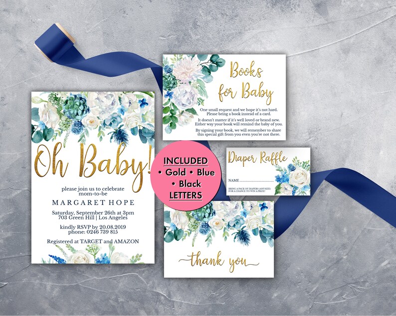 Tickets Book for Baby Boho Instant Download PDF Backside B01LM Party Set Diaper Raffle Sign Gold /& Blue Floral Baby Shower Invitation