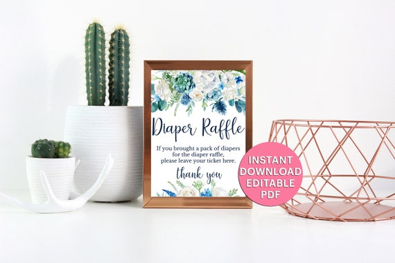Tickets Book for Baby Boho Instant Download PDF Backside B01LM Party Set Diaper Raffle Sign Gold /& Blue Floral Baby Shower Invitation