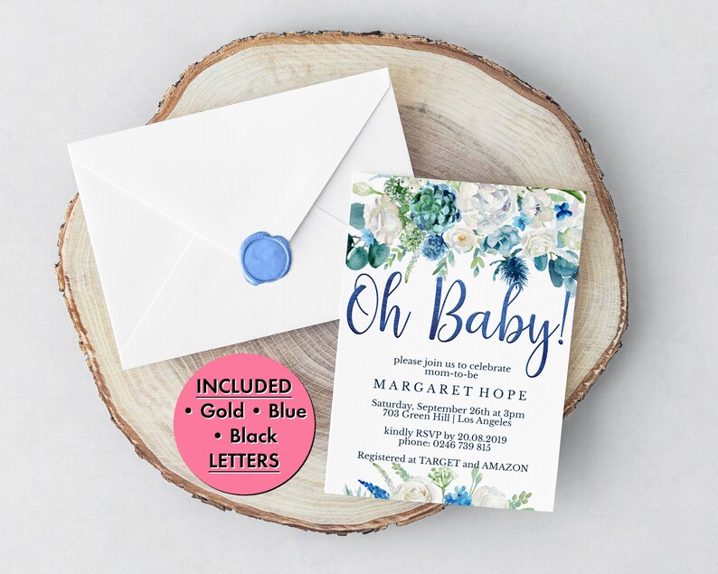 Tickets Book for Baby Boho Instant Download PDF Backside B01LM Party Set Diaper Raffle Sign Gold /& Blue Floral Baby Shower Invitation