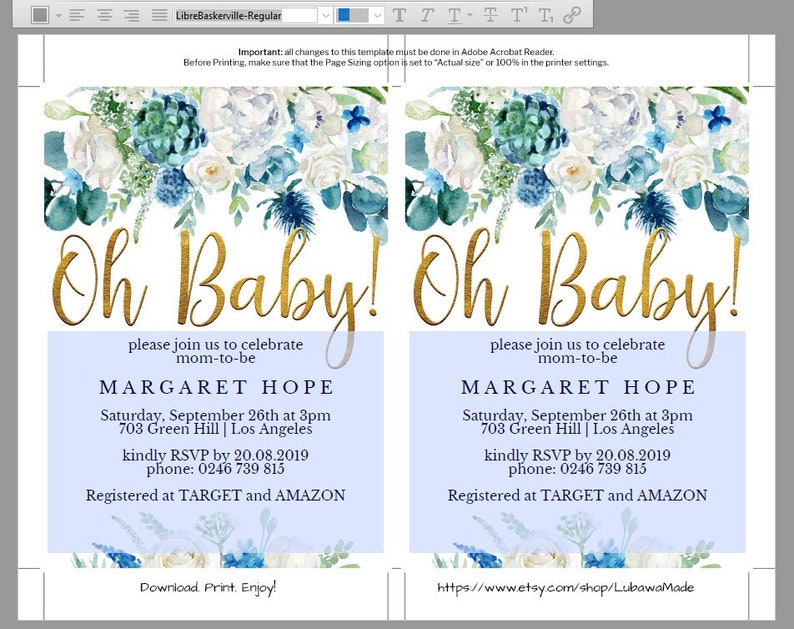 Tickets Book for Baby Boho Instant Download PDF Backside B01LM Party Set Diaper Raffle Sign Gold /& Blue Floral Baby Shower Invitation