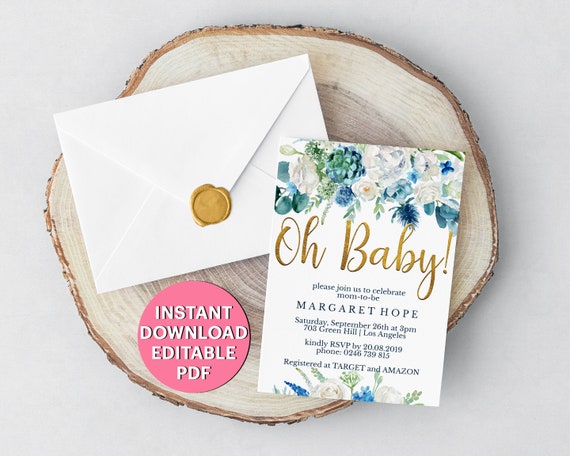Tickets Book for Baby Boho Instant Download PDF Backside B01LM Party Set Diaper Raffle Sign Gold /& Blue Floral Baby Shower Invitation