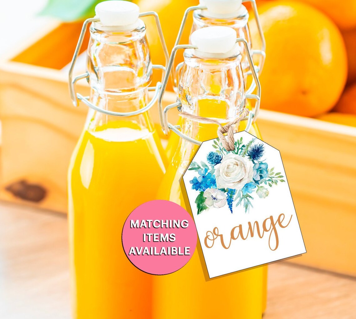 Editable Blue Floral Mimosa Juice Tags Blue Baby Shower Etsy