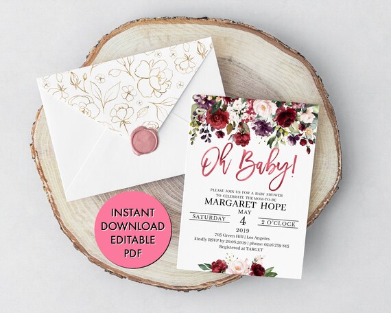 Rose Gold Baby Shower Invitation Instant Download Editable PDF BG01LM Burgundy Floral Oh Baby Shower Invite Boho Gender Neutral Backside