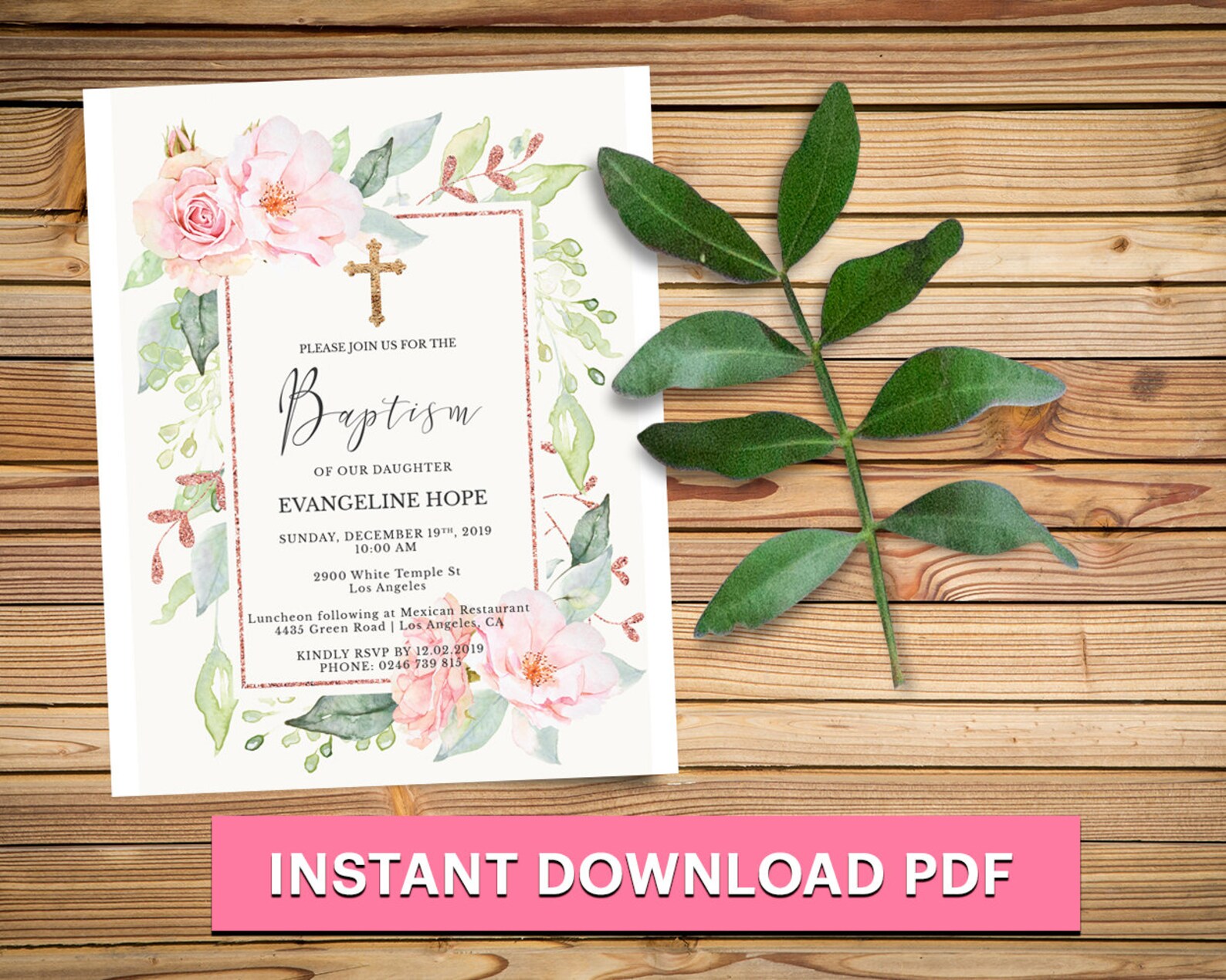BAPTISM Invitation Floral Pink Baptism Invite Girl Boho Blush Etsy