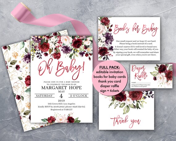 Rose Gold Baby Shower Invitation Instant Download Editable PDF BG01LM Burgundy Floral Oh Baby Shower Invite Boho Gender Neutral Backside