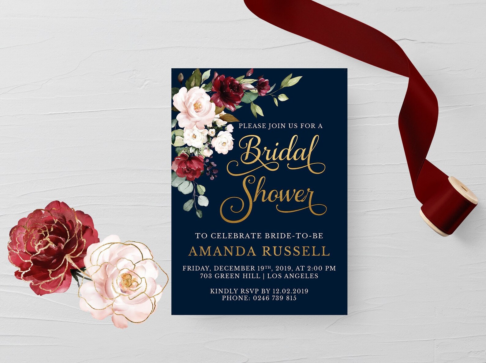 Gold Navy Burgundy Bridal Shower Invitation Winter Autumn Etsy